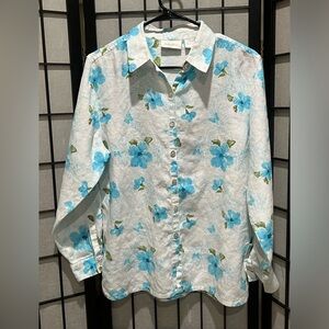 STUDIO WORKS White LINEN BLOUSE with Light Blue Floral Print WOMEN SIZE M
